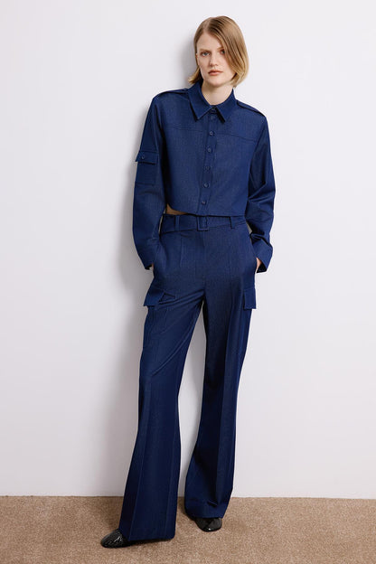 Denim Dokulu Lacivert Uzun Kollu Gömlek