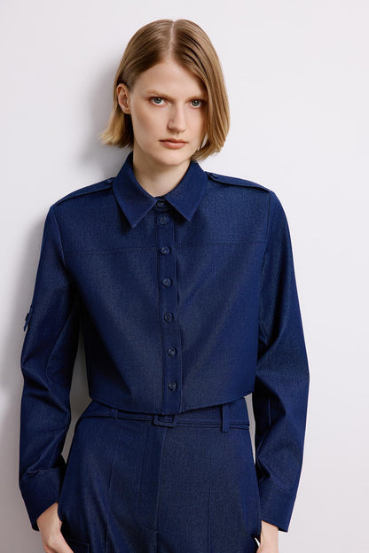 Denim Dokulu Lacivert Uzun Kollu Gömlek