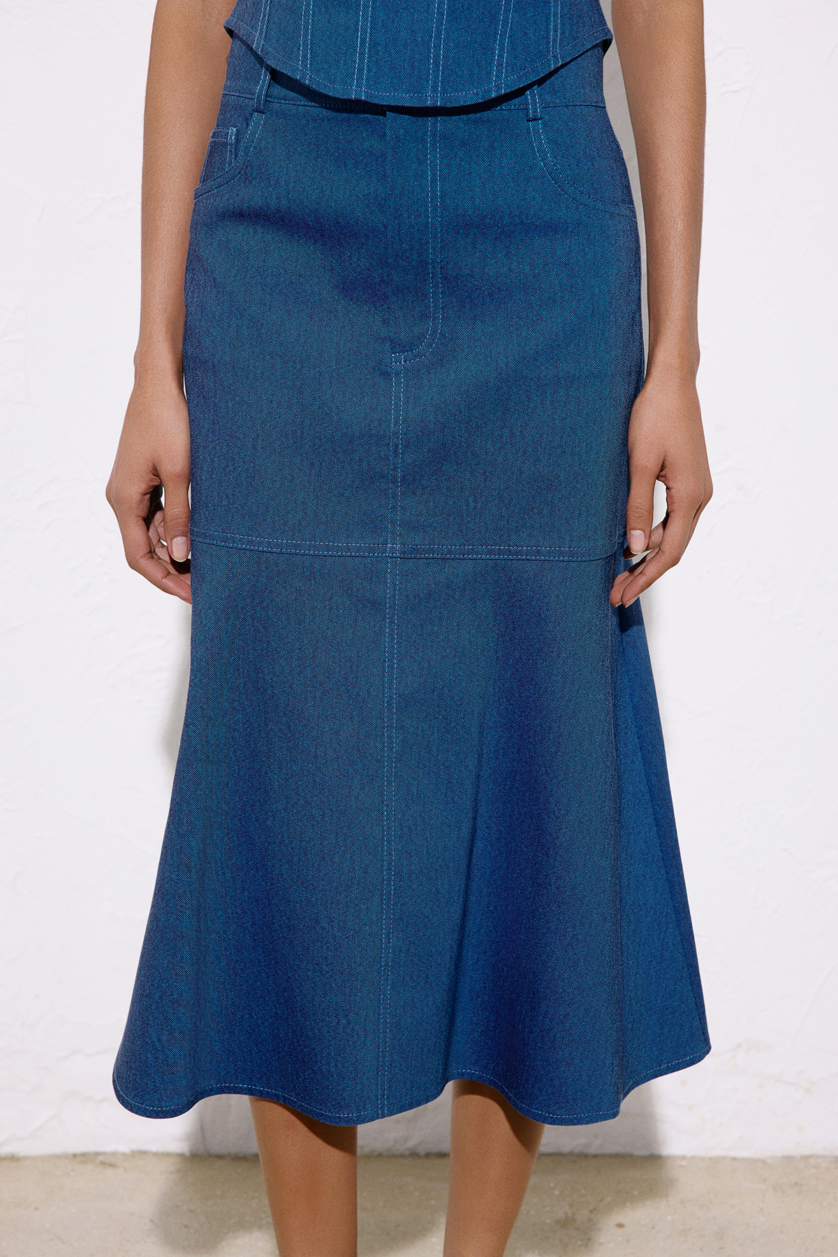 Denim Dokulu Midi Mavi Etek