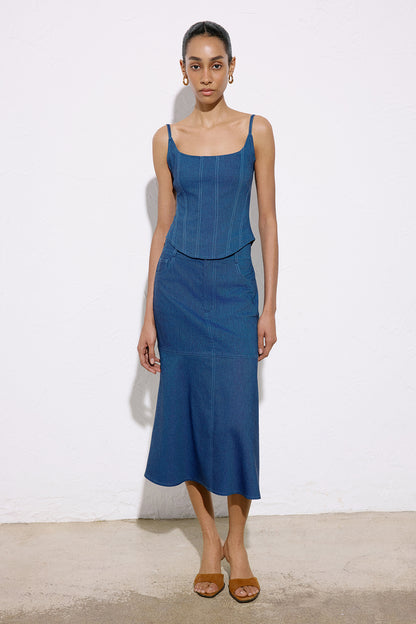 Denim Dokulu Midi Mavi Etek