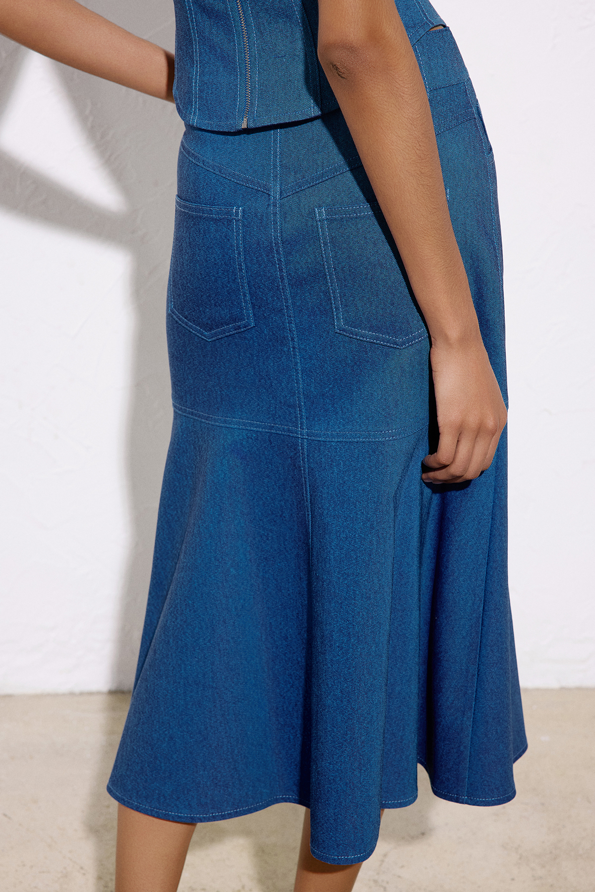 Denim Dokulu Midi Mavi Etek