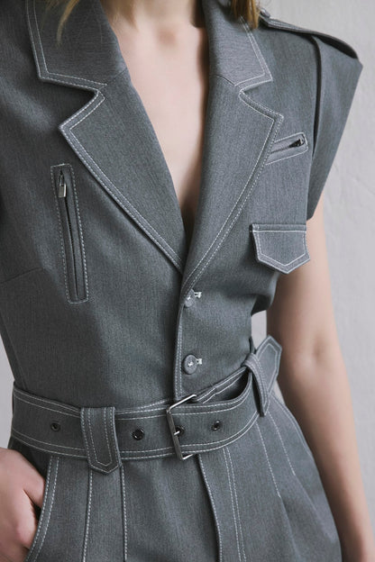 Denim Kontras Kemerli Gri Tulum