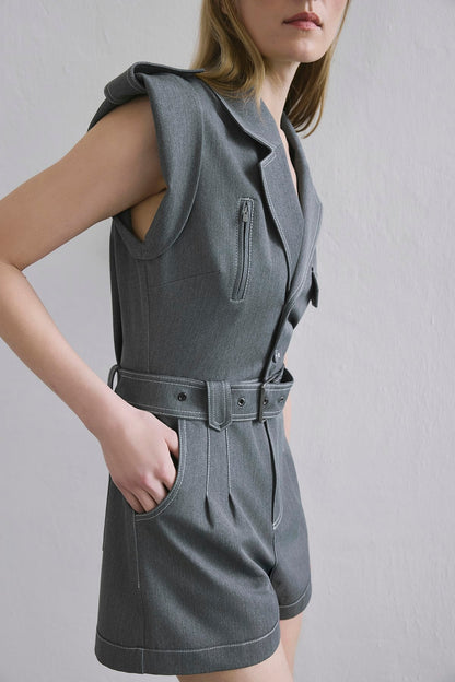 Denim Kontras Kemerli Gri Tulum