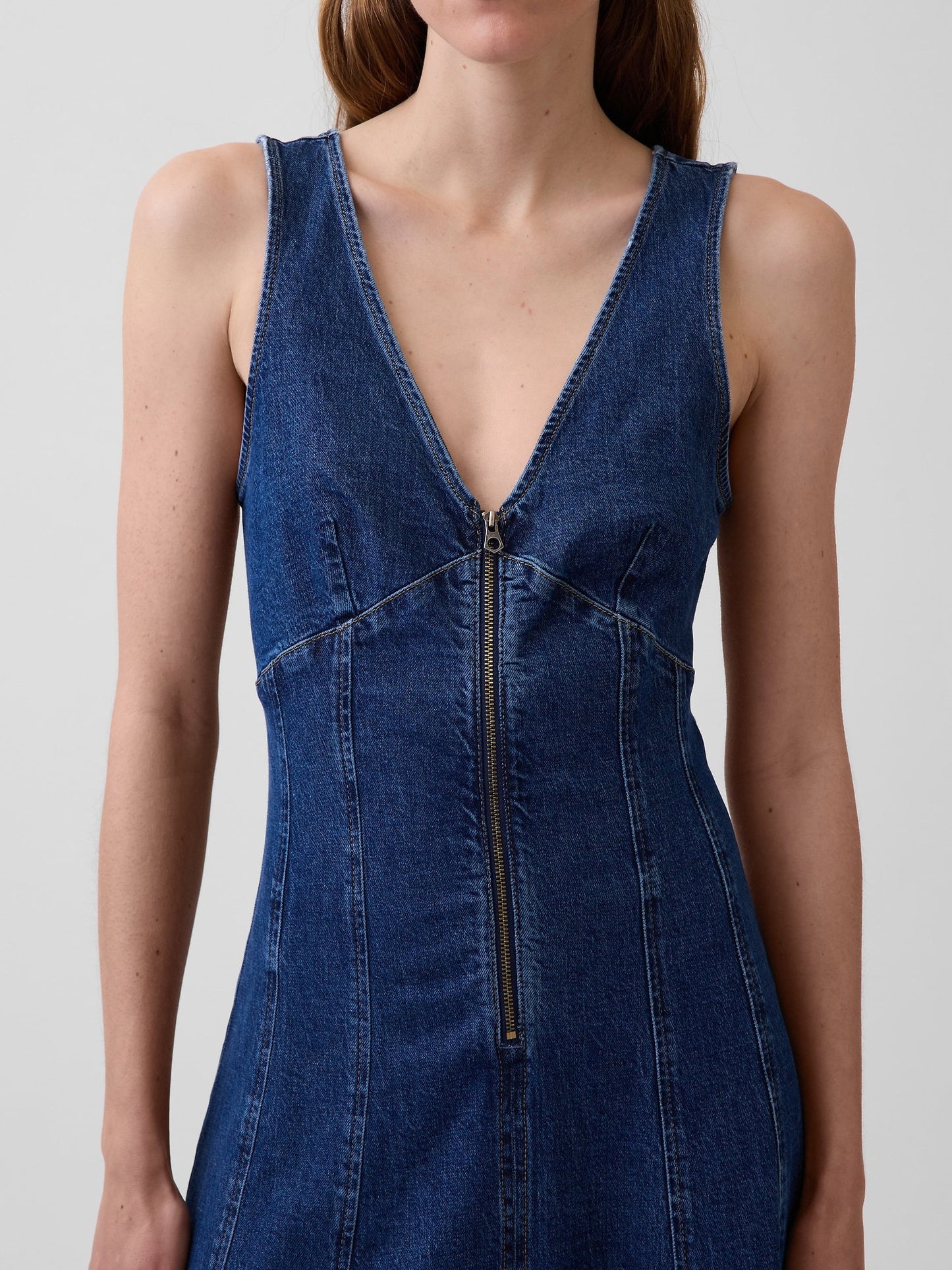 Koyu Mavi Denim Seamed Fermuarlı Midi Elbise