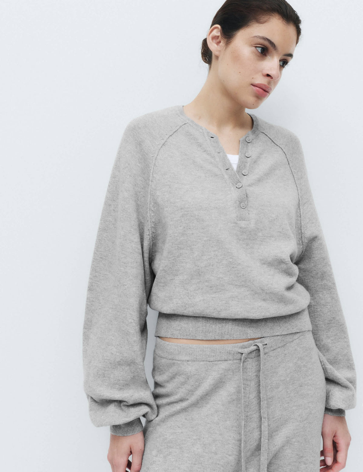 Oversize Henley Yaka Örgü Kadın Kazak