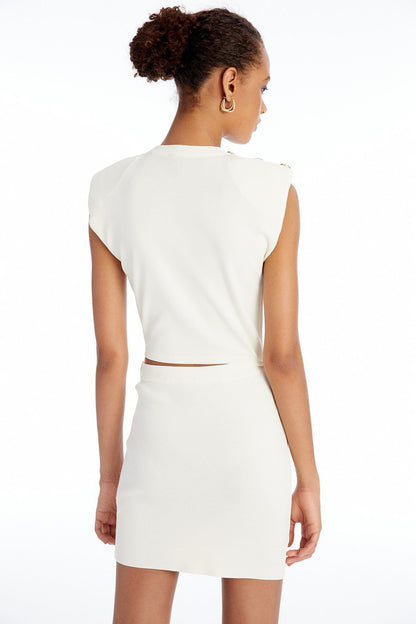 Düğme Detaylı Ekru Cut-out Elbise