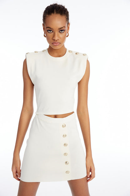 Düğme Detaylı Ekru Cut-out Elbise