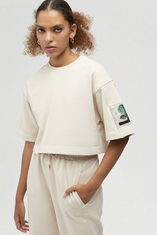 Ekru Geniş Kesim Crop T-shirt