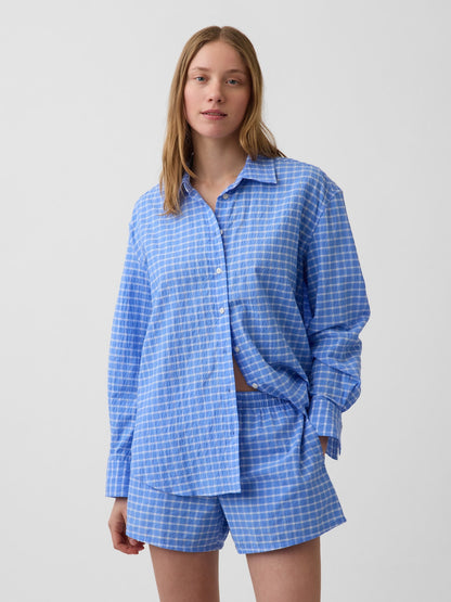 Açık Mavi Seersucker Kareli Oversized Gömlek