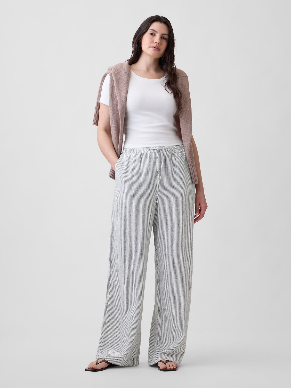 Lacivert Relaxed Keten Karışımlı Wide-leg Pantolon