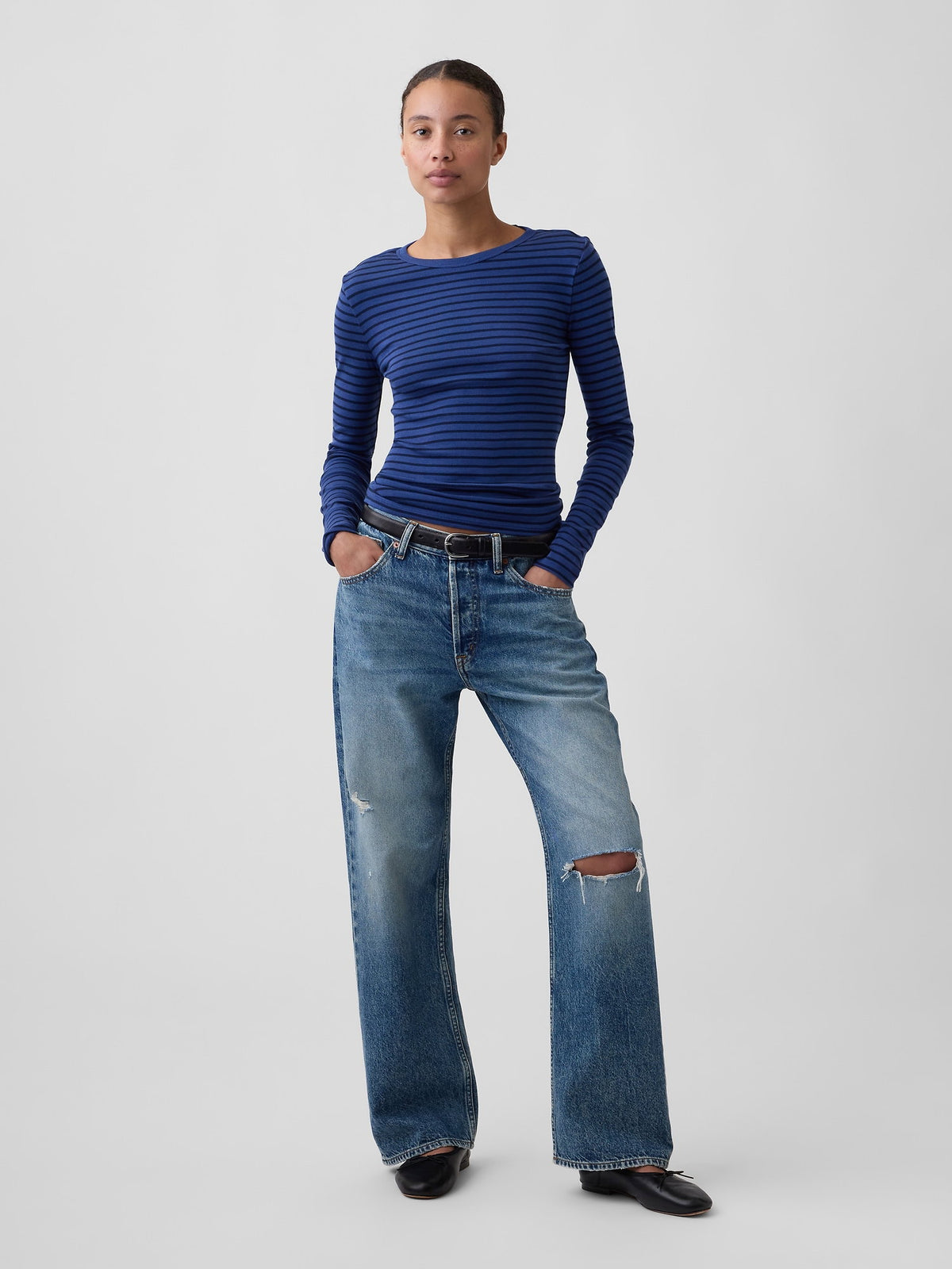 Koyu Mavi Modern Fitilli Bisiklet Yaka T-shirt