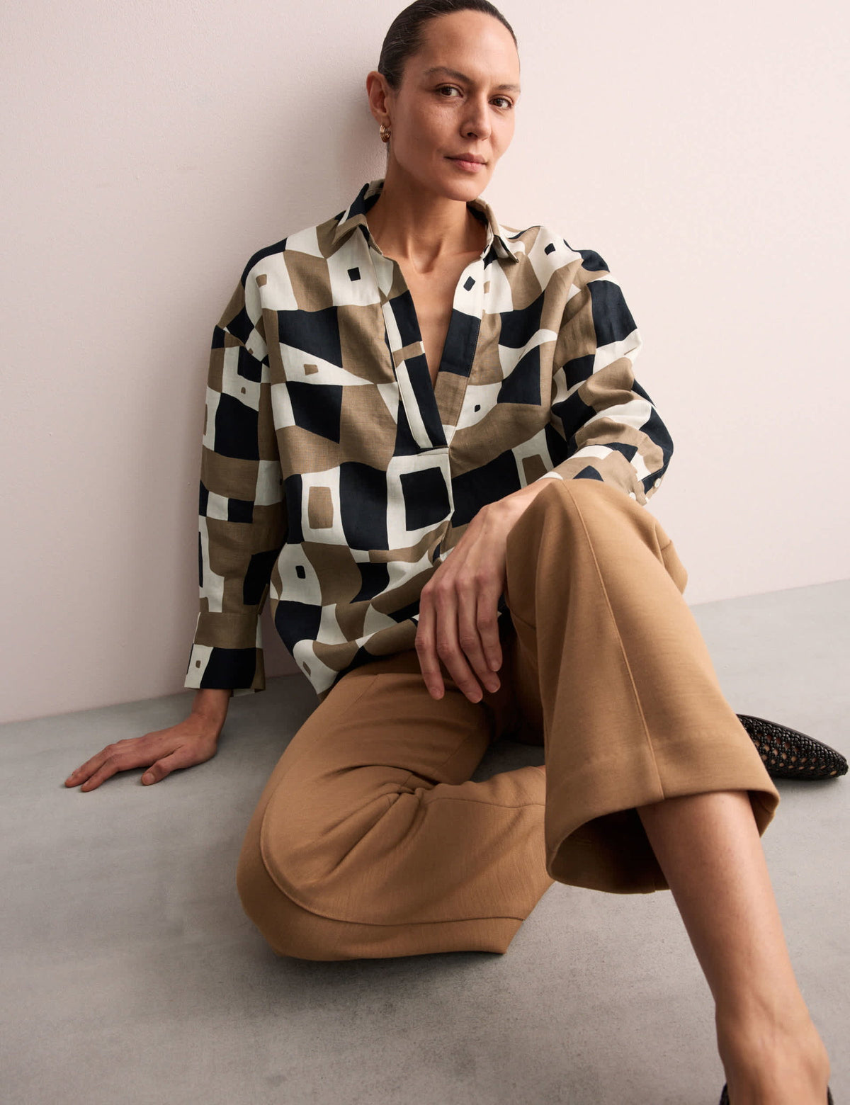 Keten Geometrik Desenli Relaxed Fit Gömlek