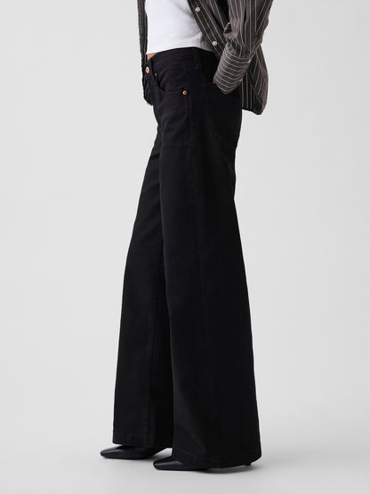 Siyah High Rise Stride Wide-leg Jean Pantolon