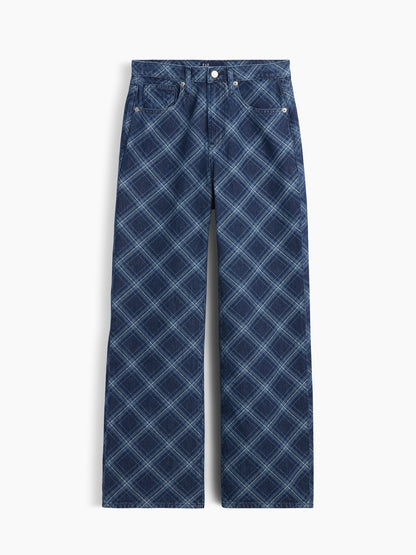 Koyu Mavi High Rise Baskılı Wide-leg Jean Pantolon