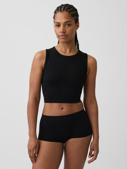 Siyah Fitilli Seamless Crop Kolsuz Üst