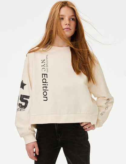 Pamuk Karışımlı Sloganlı Sweatshirt (6-16 Yaş)