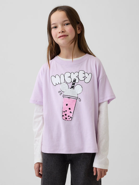 Lila Disney Oversized Flippy Sequins Grafik Baskılı T-shirt