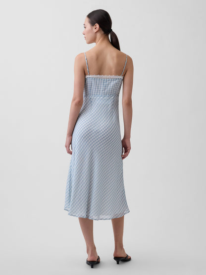 Açık Mavi Gingham Midi Slip Elbise