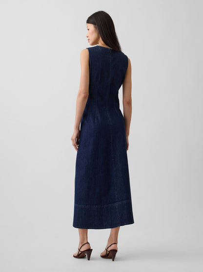 Koyu Mavi Denim V-yaka Maxi Elbise