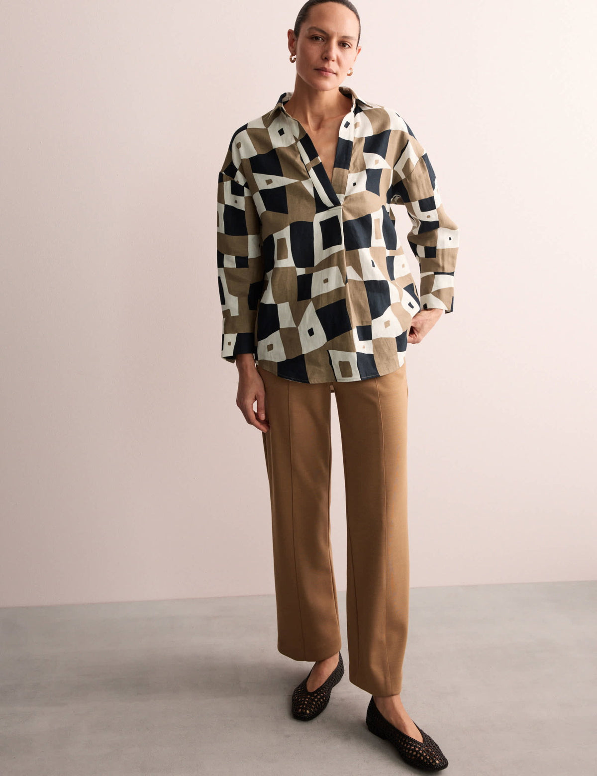 Keten Geometrik Desenli Relaxed Fit Gömlek