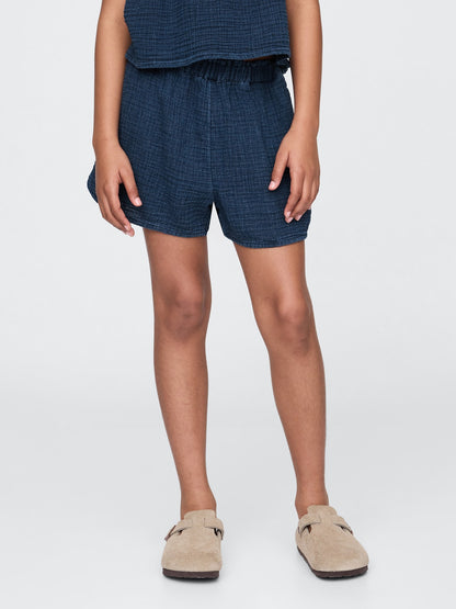 Lacivert Crinkle Gauze Denim Şort