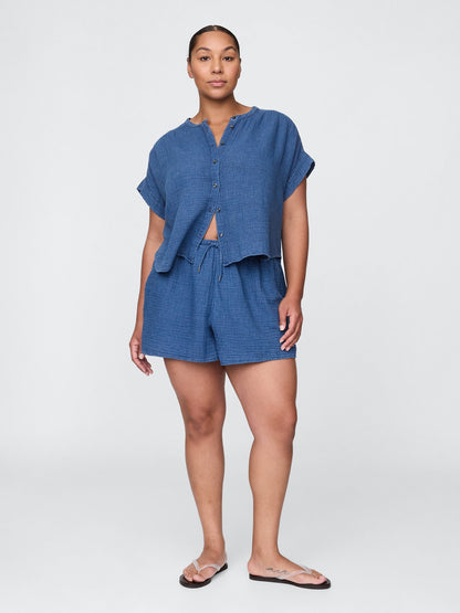 Denim Mavi Crinkle Gauze Denim Şort