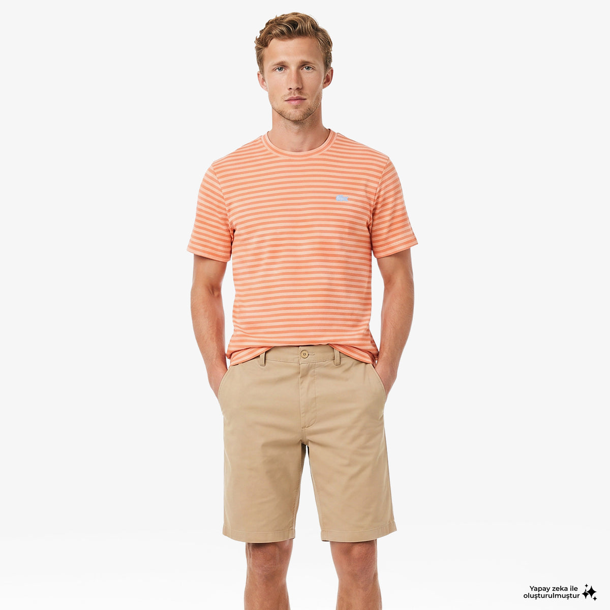 Lacoste Erkek Classic Fit Bisiklet Yaka Çizgili Turuncu T-shirt