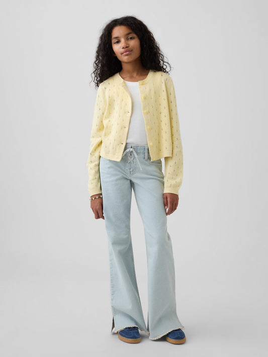 Açık Mavi Low Rise Lace-up Relaxed Flare Jean Pantolon