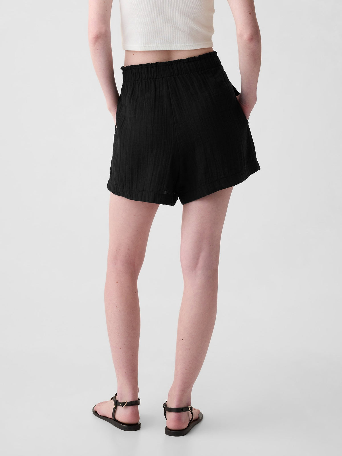 Siyah Crinkle Gauze Pull-on Şort