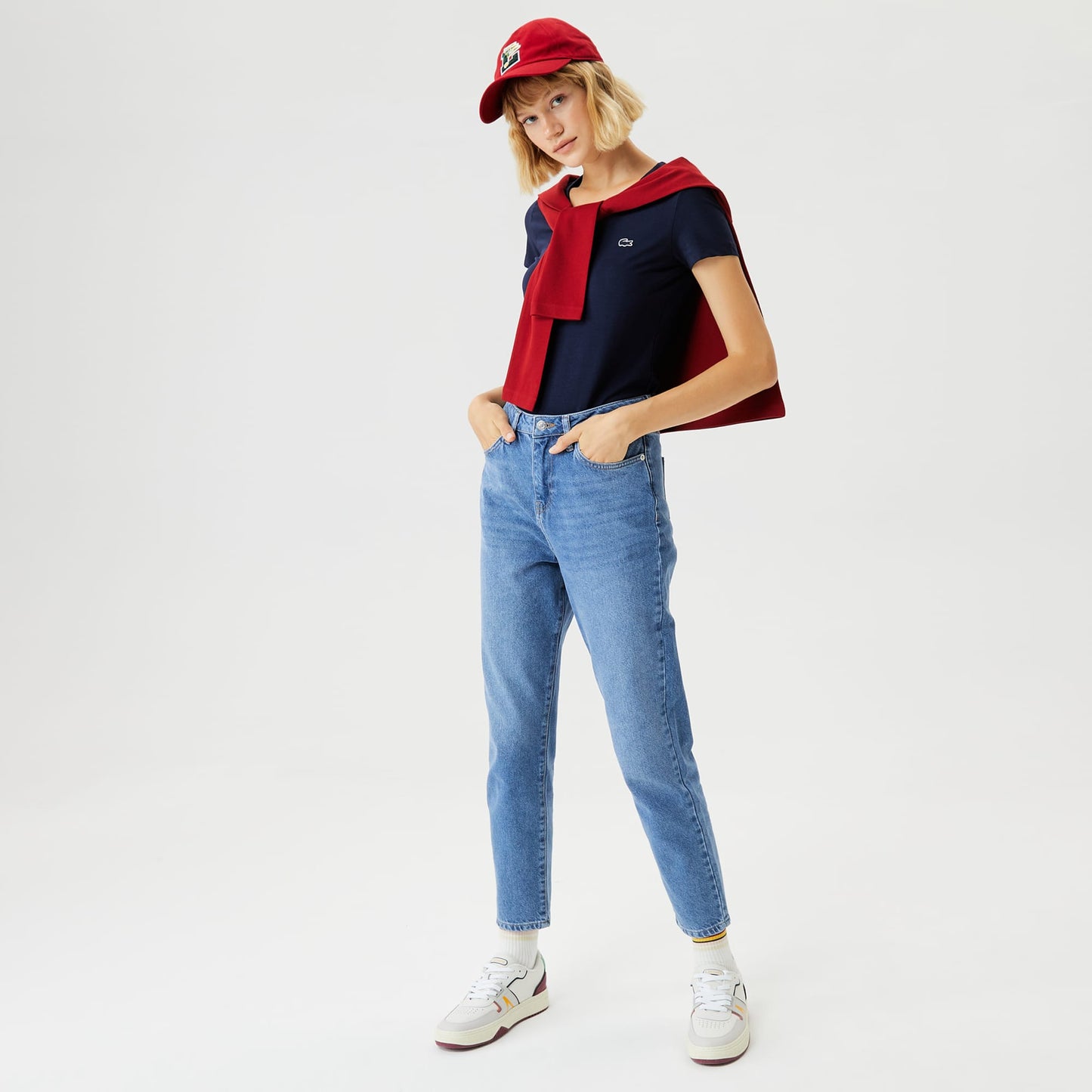 Lacoste Kadın Slim Fit V Yaka Lacivert T-shirt