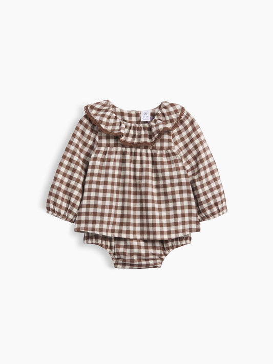 Kahverengi Gingham Flannel Bodysuit Elbise