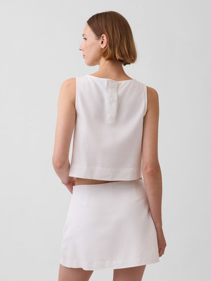 Beyaz Keten Karışımlı Crop Shell Kolsuz Bluz