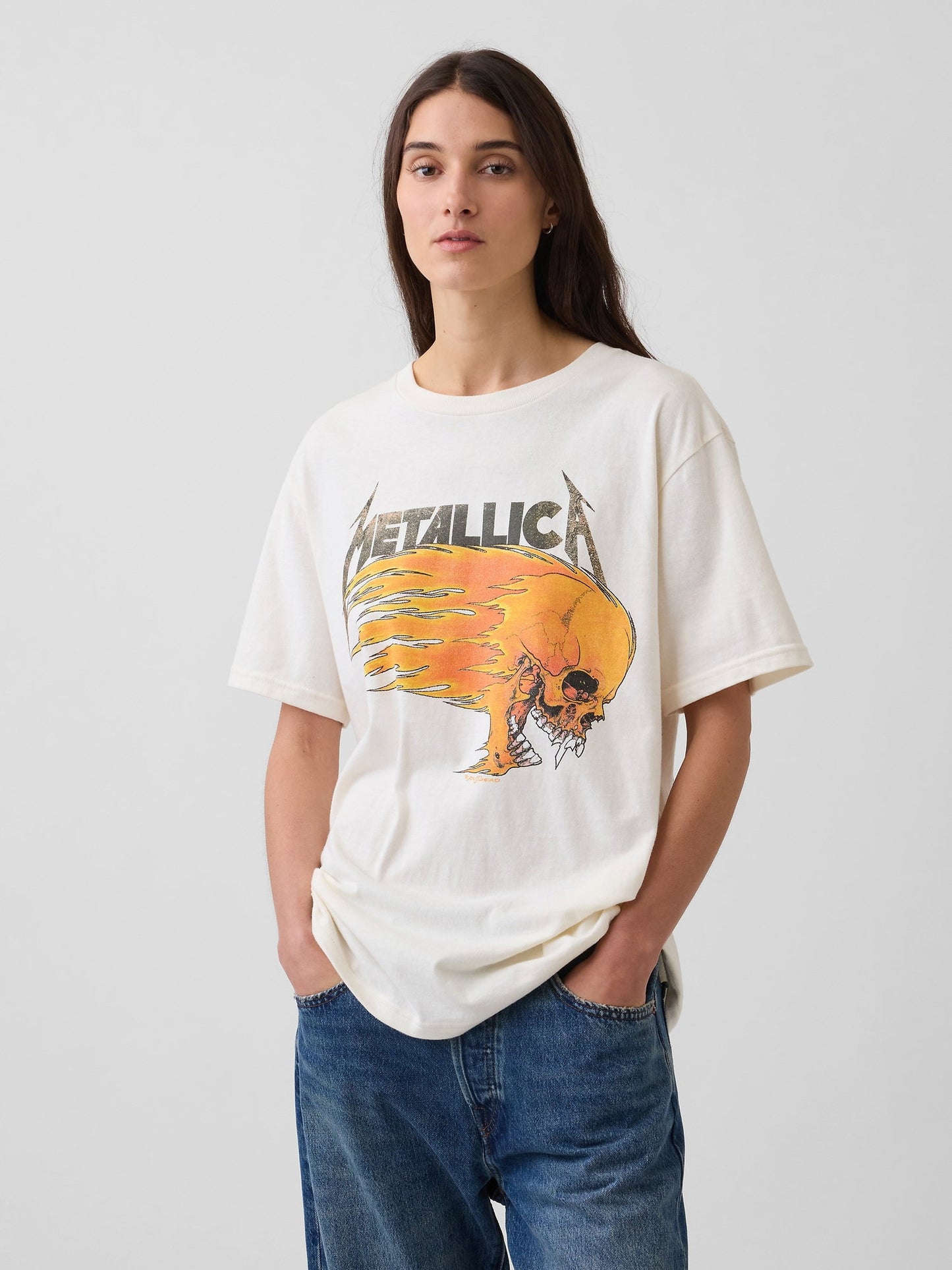 Krem Metallica Relaxed Grafik Baskılı T-shirt