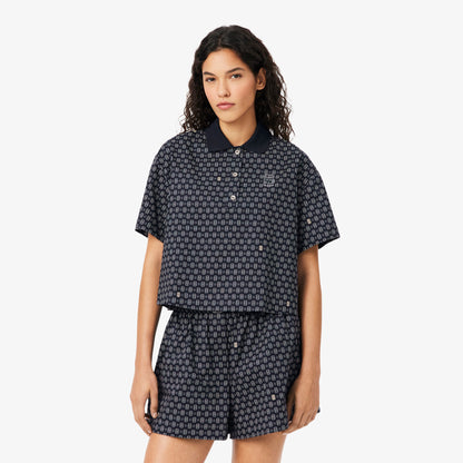 Lacoste Kadın Oversize Fit Desenli Lacivert Polo