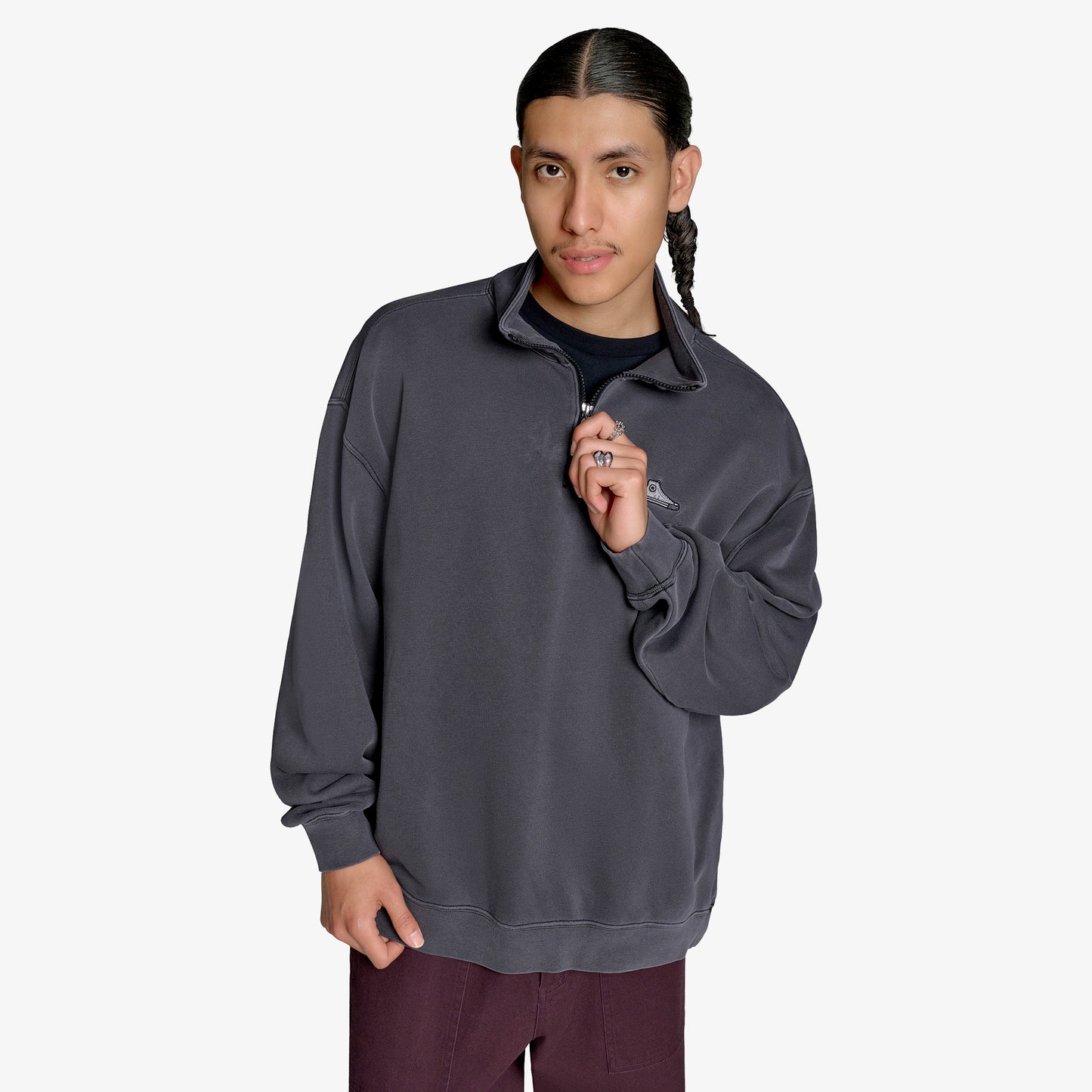 Converse Loose Fit Sneaker Patch Half Zip Erkek Siyah Sweatshirt
