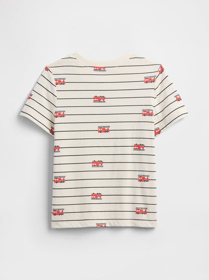 Kırık Beyaz Baskılı Bisiklet Yaka T-shirt