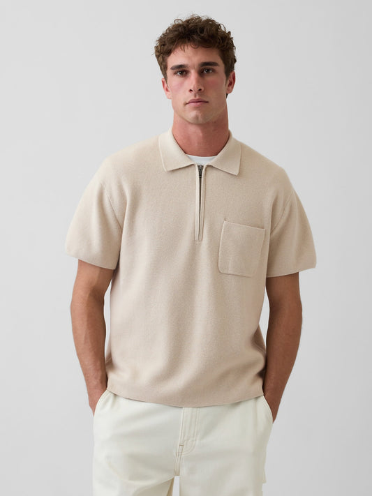 Bej Oversized Yarım Fermuarlı Cepli Triko Polo T-shirt