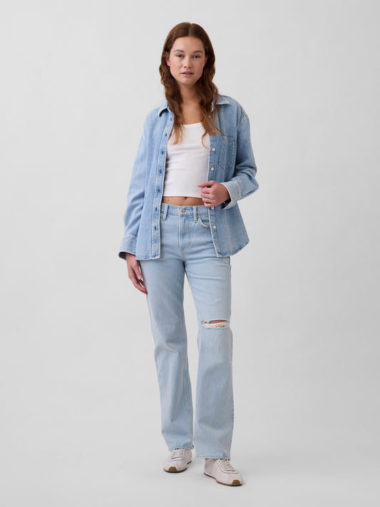 Açık Mavi Mid Rise Relaxed Straight Jean Pantolon