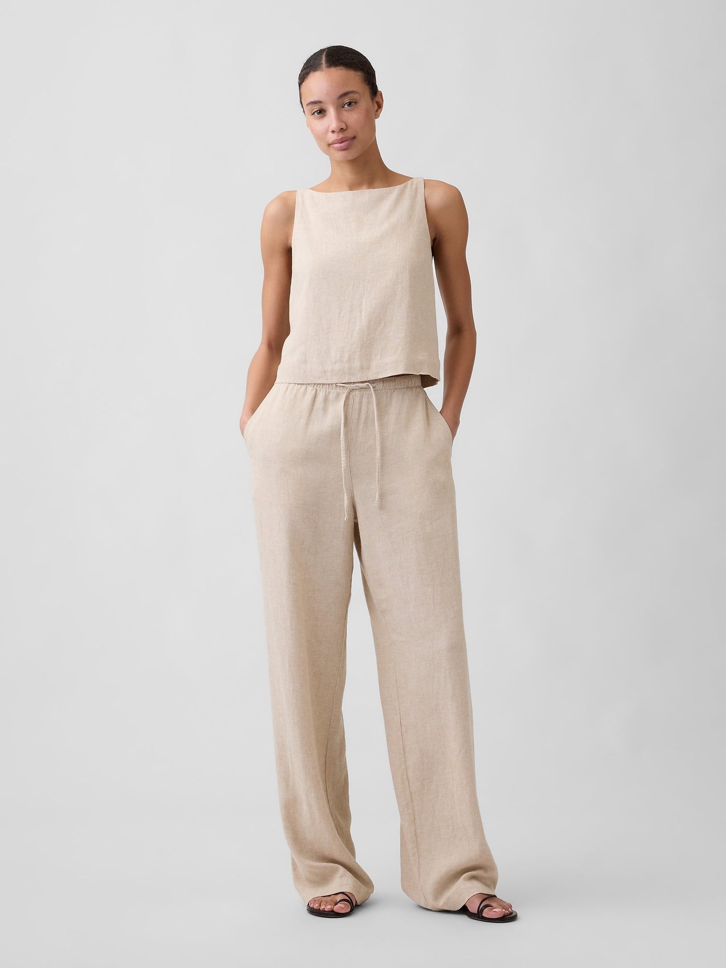 Bej Keten Karışımlı Apron Bluz