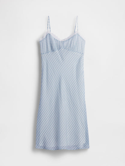 Açık Mavi Gingham Midi Slip Elbise