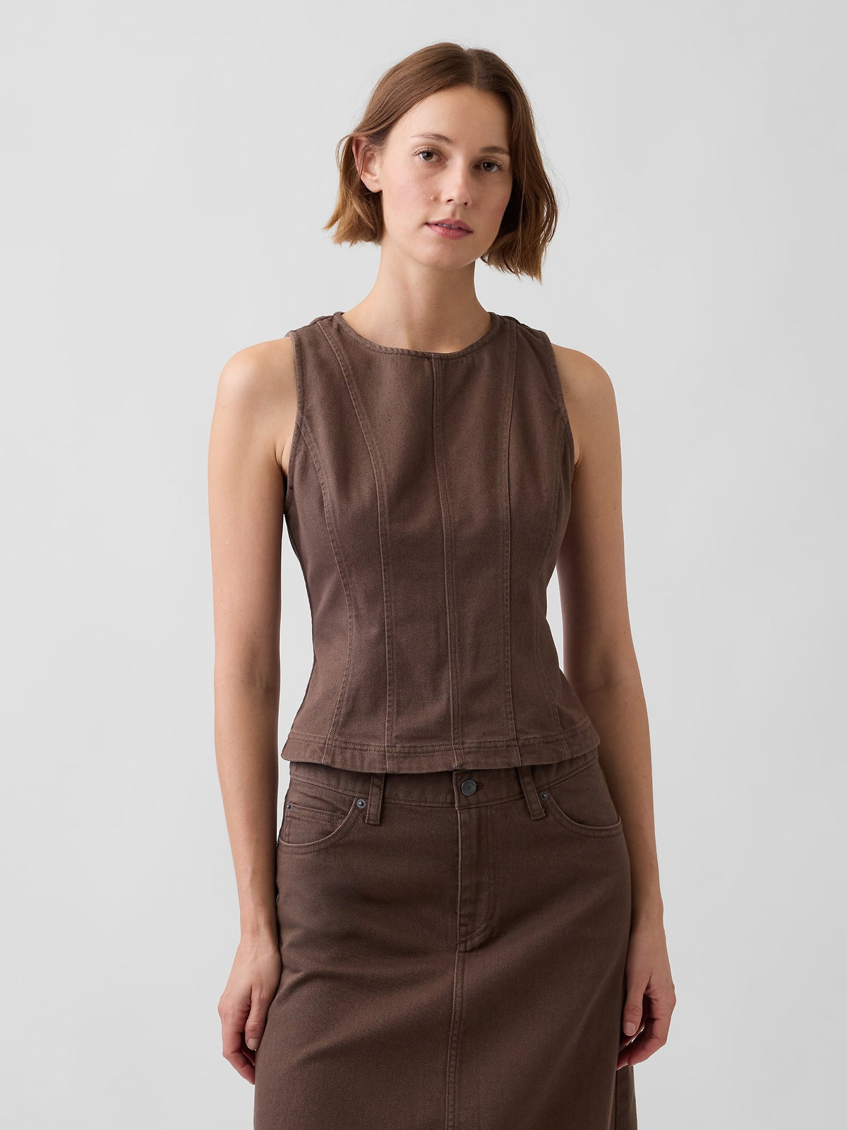 Kahverengi Seamed Twill Crop Shell Bluz