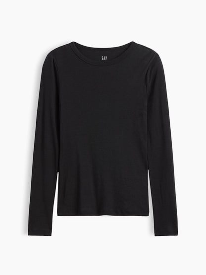 Siyah Modern Fitilli Bisiklet Yaka T-shirt