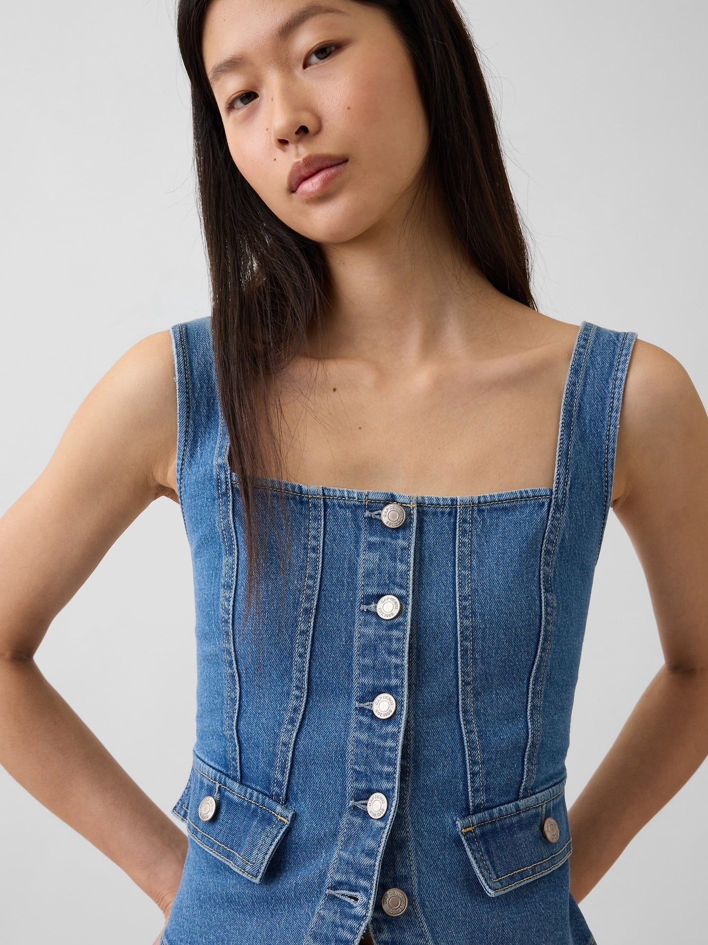 Açık Mavi Denim Cepli Korse Bluz