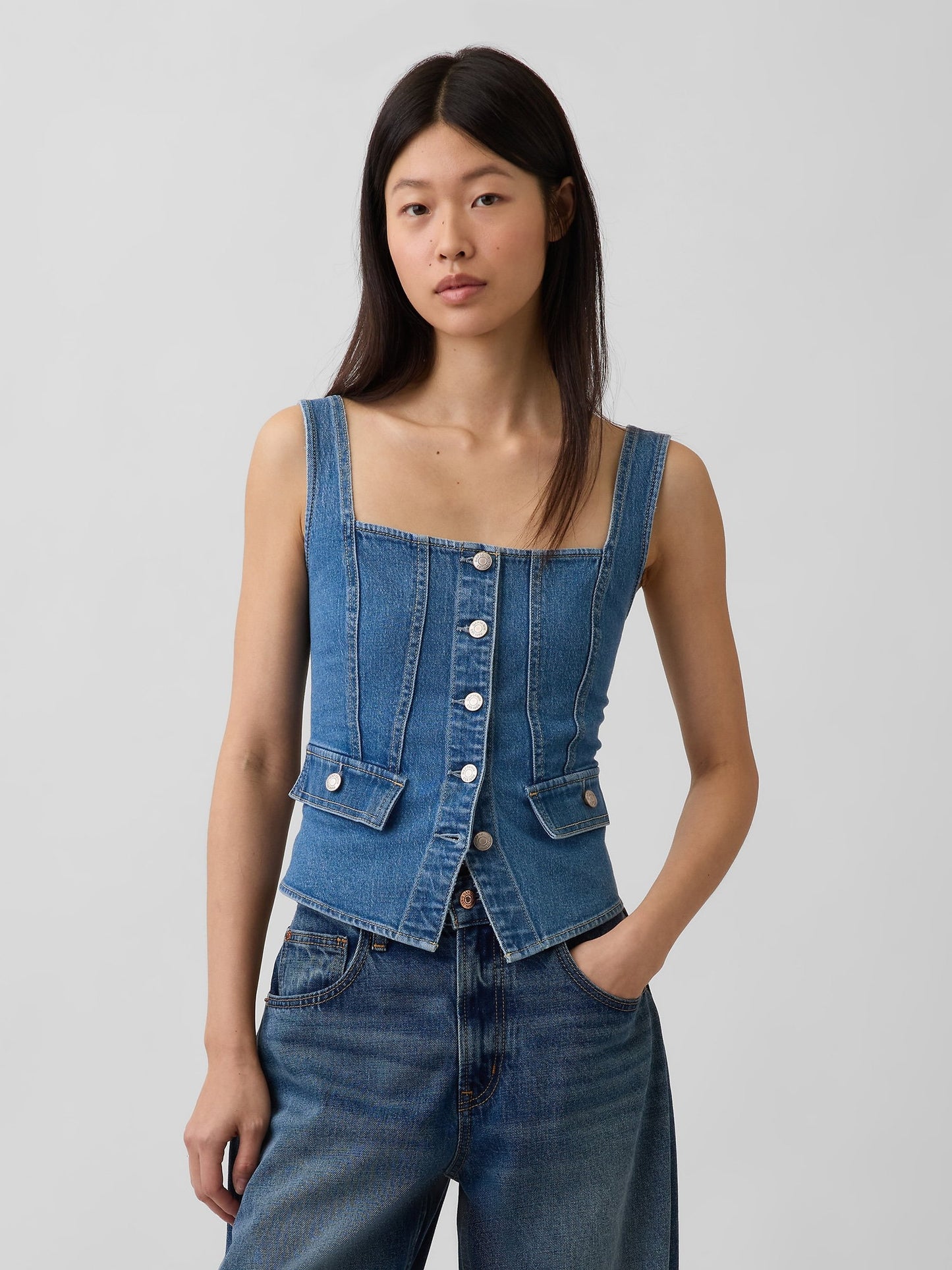 Açık Mavi Denim Cepli Korse Bluz