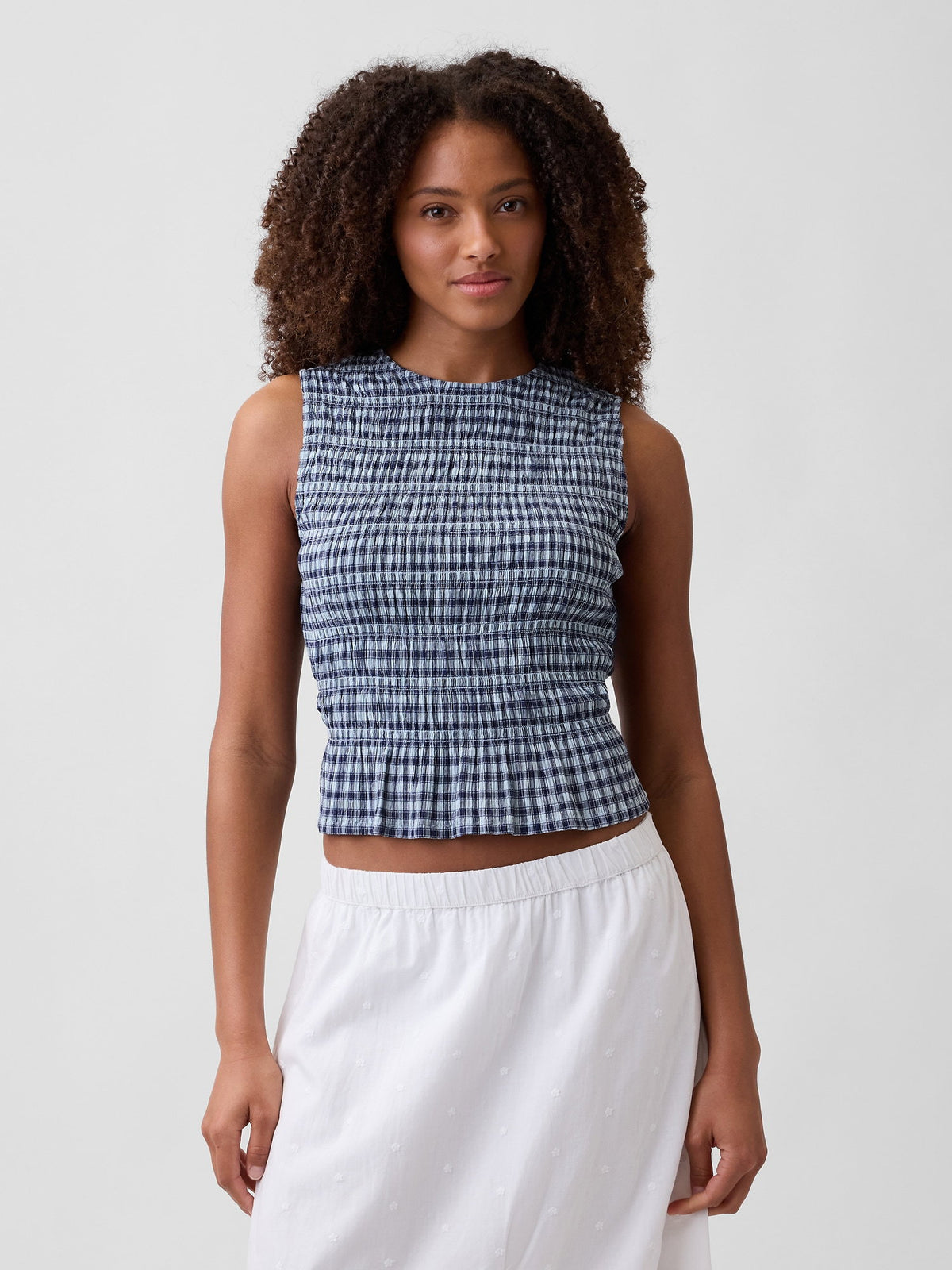 Mavi Smocked Gingham Crop Peplum Üst