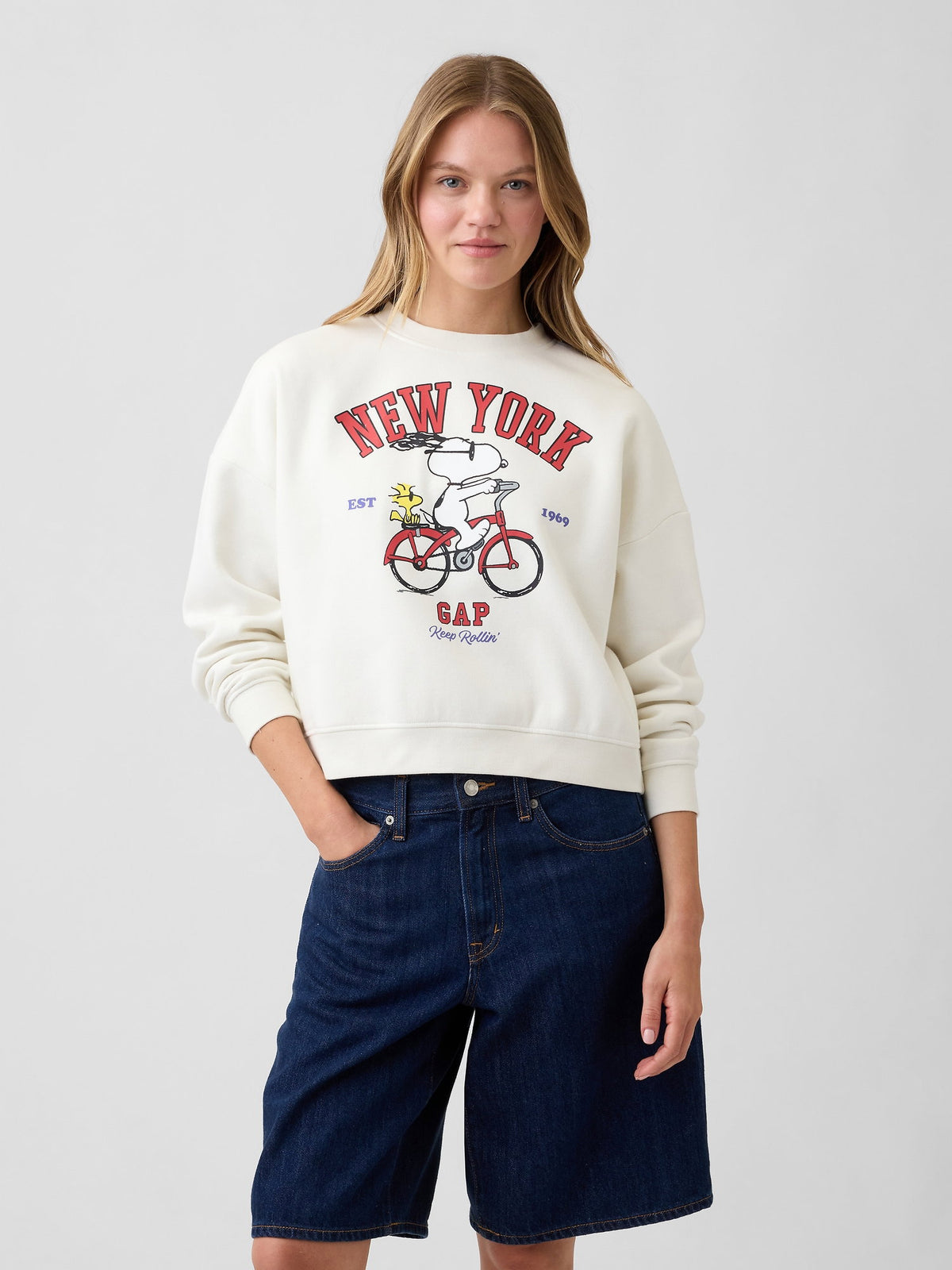 Krem Peanuts Oversized Wedge Bisiklet Yaka Sweatshirt