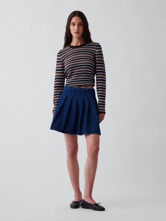 Koyu Mavi Denim Pileli Mini Etek