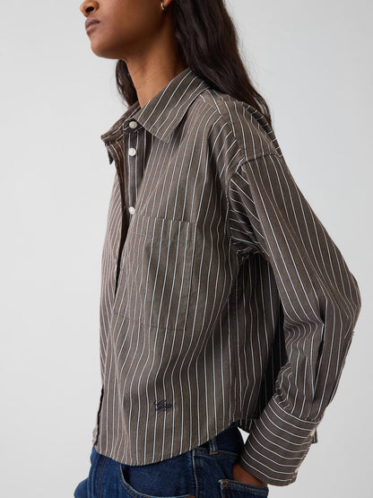 Kahverengi Organik Pamuk Poplin Oversized Crop Gömlek