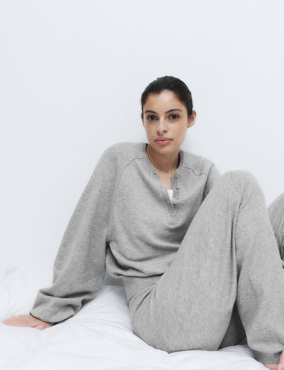 Oversize Henley Yaka Örgü Kadın Kazak
