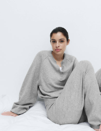 Oversize Henley Yaka Örgü Kadın Kazak